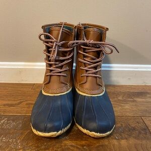 Brown and navy blue Lands End duck boots
